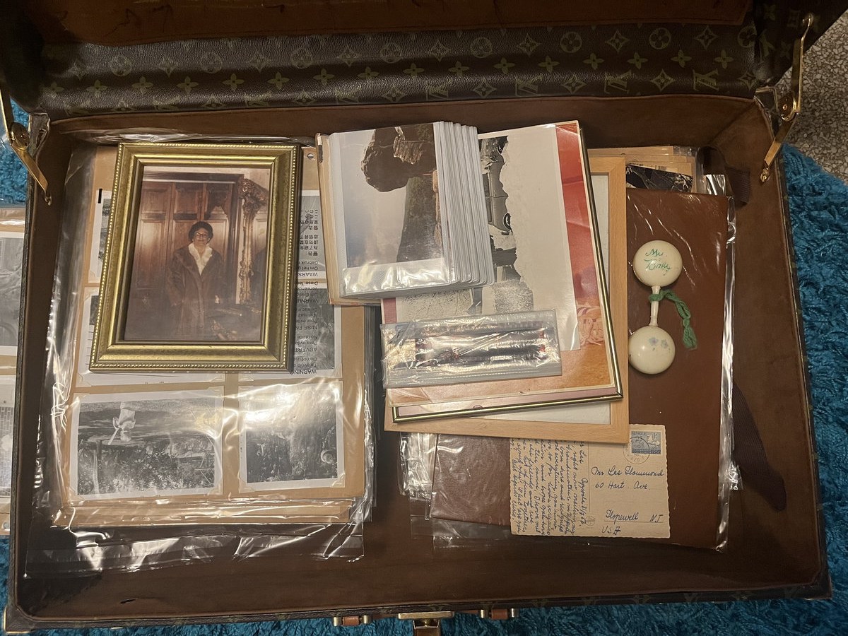 A suitcase holding sleeved photographs, a framed print, and papers.